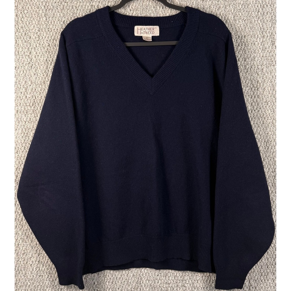 Heather & Tweed Vintage 90s Lambswool Sweater XL Navy V Neck Preppy Grandpa P68